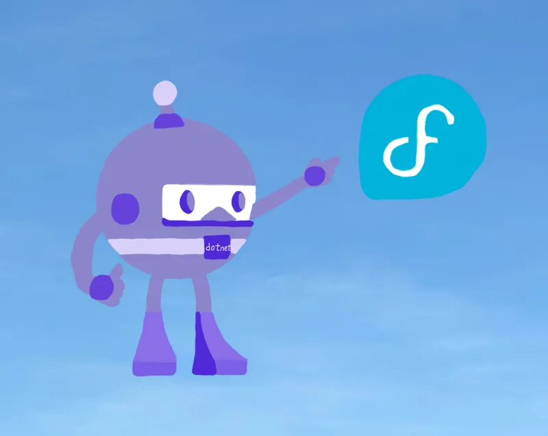 Laptop running Fedora 36 with the .NET logo overlayed on the screen.