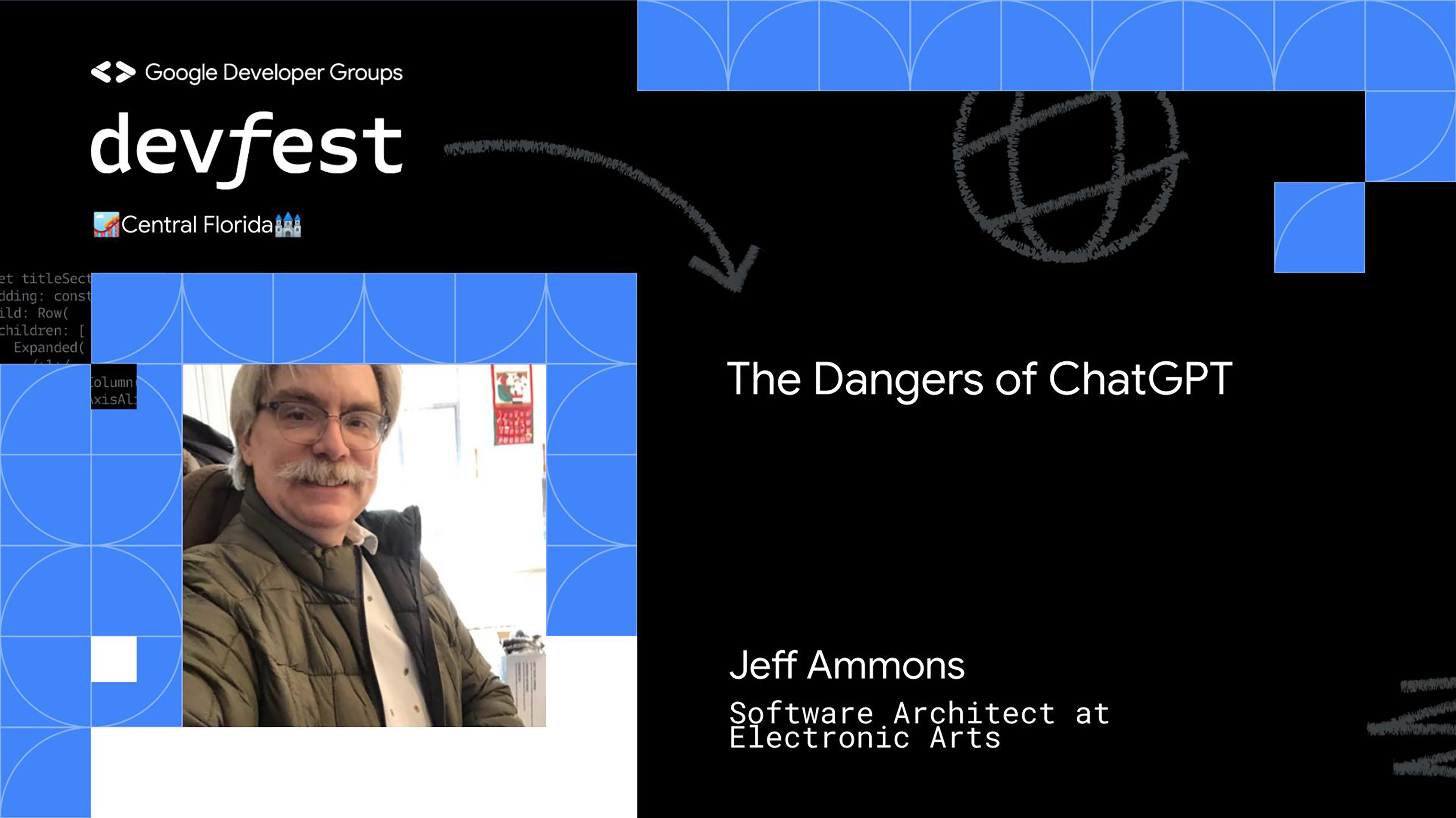 Jeff Ammons smiling in a blue speaker promo frame for DevFest Central Florida 2023.