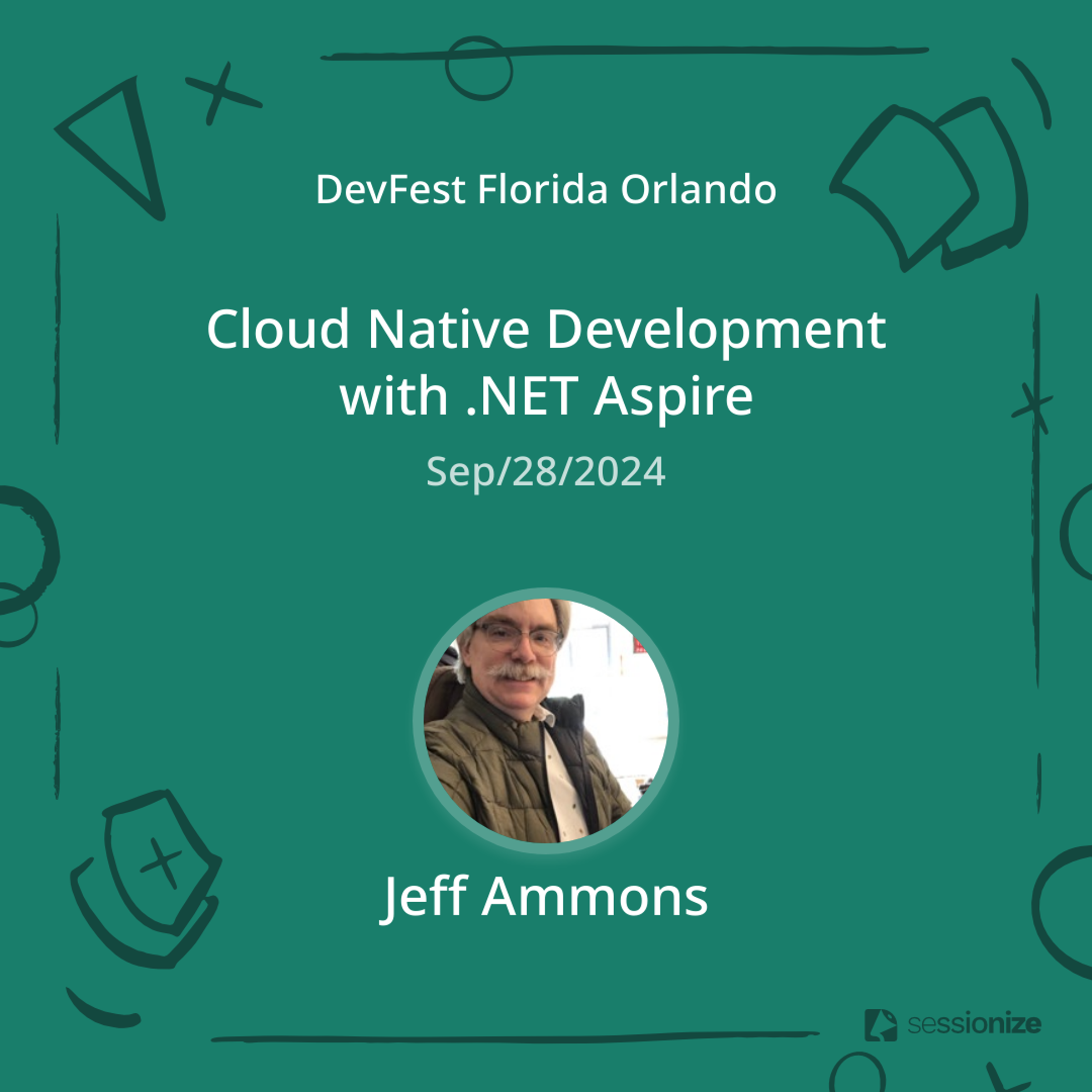 Jeff Ammons smiling in front of a green palm background with DevFest 2024 speaker badge overlay.
